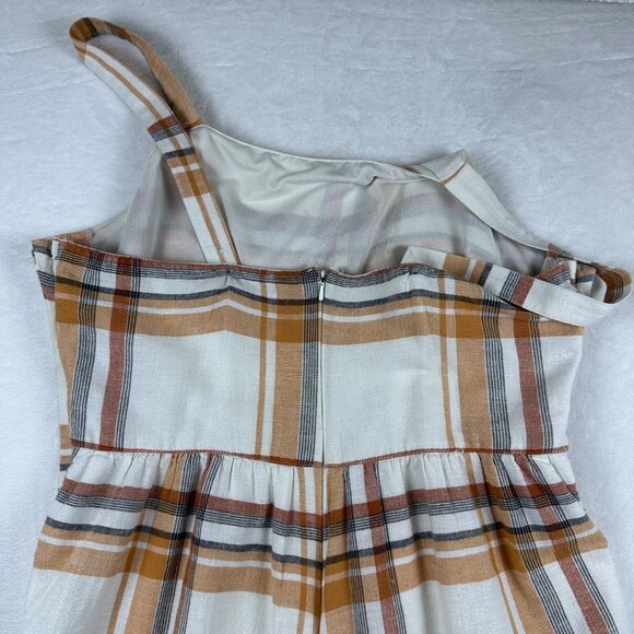 American Eagle Plaid Wide Leg Jumpsuit Linen Blend Size 12 Button Straps Pockets - Picture 12 of 12